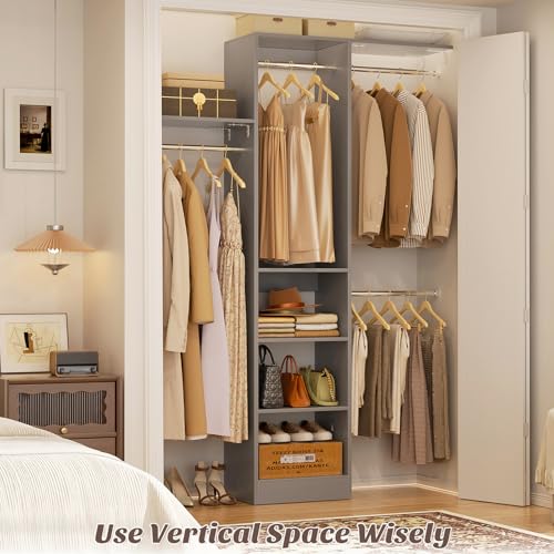 Besiost 48" Closet Organizer System, 4FT Closet System for Small Closets with 4 Hanging Rods & 3 Shelves, 80"H Small Closet Organizers and Storage for Bedrooms, Cloakrooms, Gray - color: Grey