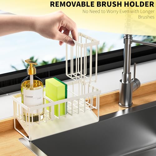 Cisily Off White Sponge Holder for Kitchen Sink, Sink Caddy Organizer with High Brush Holder, Kitchen Countertop Rustproof 304 Stainless Steel, Soap Dispenser Kitchen Organizers and Storage Essentials - color: Off White, size: 9.25″