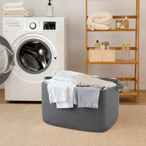 65L Cotton Rope Large Blanket Basket (19.7"x15.7"x11.8") for Living Room, Kids Room & Laundry, Storage Basket with Handle for Organizing Blankets, Pillows, Clothes & Toys, Dark Grey - color: Dark Grey, size: 19.7"x15.7"x11.8"