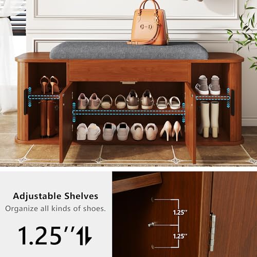 Einhomn 47.2'' Sliding Door Entryway Shoe Storage Bench with Seat Cushion, Shoe Rack with Lift-Top Hidden Storage & Adjustable Shelf, Bench for Bedroom End of Bed, Walnut - color: Walnut