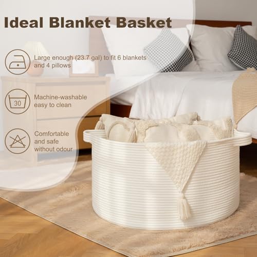 OIAHOMY 90L Blanket Basket for Living Room, Large Basket 23" x 23" x 13" with Handle, Laundry Hamper for Blankets, Pillows, Toy Storage for Kids, Dogs - White - color: White, size: 23" x 23" x 13"