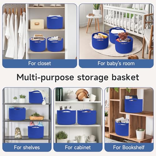 Small Rope Baskets for Storage, Baskets for Gifts Empty, Cute Round Woven Basket, Decorative Shelf Baskets 9.82×9.82×7.1", Cotton Toy Basket Storage Bins for Organizer 3 Packs - color: Deep Blue-3PCS