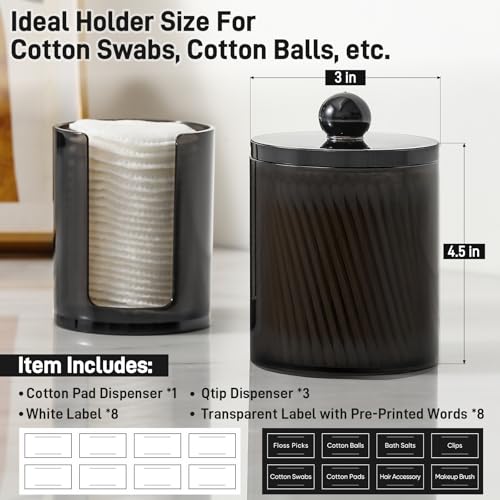 4 Pcs, Acrylic Qtip Holder Dispenser for Cotton Swab, Ball, Round Pads, Floss Picks - Clear Plastic Apothecary Jar Set, Bathroom Canister Decor Storage Accessories, Vanity Makeup Organizer, Black - color: Black, size: 4