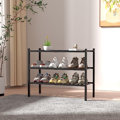 ROMGUAR CRAFT 3 Tier Bamboo Shoe Rack for Closet Free Standing Wood Shoe Shelf Storage Organizer for Entryway Small Space Stackable 27"x11"x20" (Black) - color: Black, size: 3 Tier