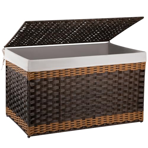 OIAHOMY Storage Basket with Lid, 42.3 Gallon (160L) Blanket Basket with Removable Liner Bag, Synthetic Wicker Hamper with Handle, Foldable, Hamper for Living Room, Brown - color: Gradient Brown, size: 160L