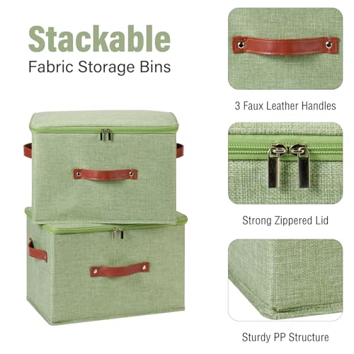 3PCS Storage Bins Boxes with Zippered Lids Cotton Linen Fabric Decorative Basket PU Leather Handles PP Plastic Board Foldable Lidded Shelf Closet Organizer Container (Light Green, Large) - color: Light Green, size: Large ( Pack of 3 )