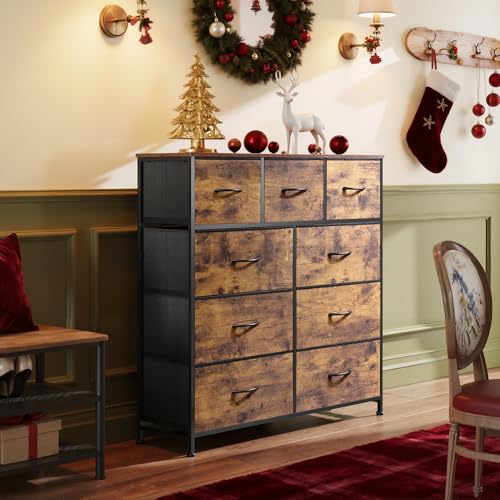 WLIVE 9-Drawer Dresser, Fabric Storage Tower for Bedroom, Hallway, Entryway, Closet, Tall Chest Organizer Unit with Fabric Bins, Steel Frame, Wood Top, Easy Pull Handle, Rustic Brown Wood Grain Print - color: Rustic Brown Wood Grain Print