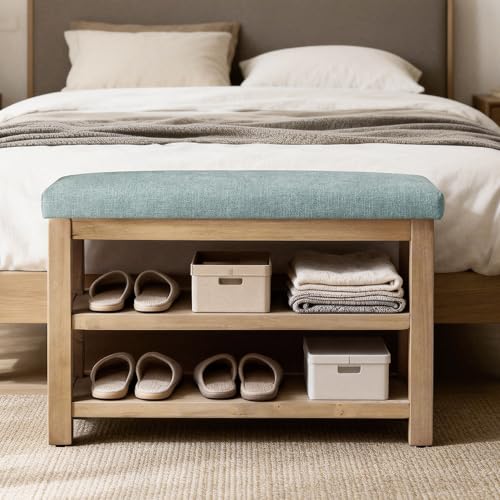 Zihanhome 2 Tier Shoe Rack Bench with Cushion, Solid Wood Shoe Benches, Mid-Century Modern Shoe Storage Bench for Entryway, Hallway, Living Room, Closet, Front Door Entrance, (Teal, 31.5") - color: Teal, size: 31.5"