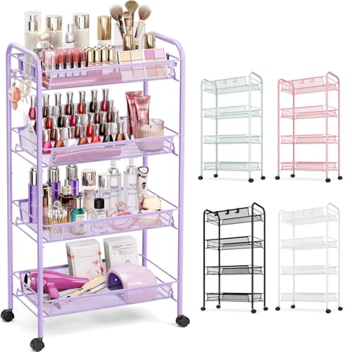 TOOLF 4-Tier Rolling Cart, Metal Utility Cart with 3 Hooks, Easy Assemble Mobile Storage Trolley On Wheels, Metal Shelving Units Kitchen Bathroom Laundry Room - color: Purple, size: 4-Tier
