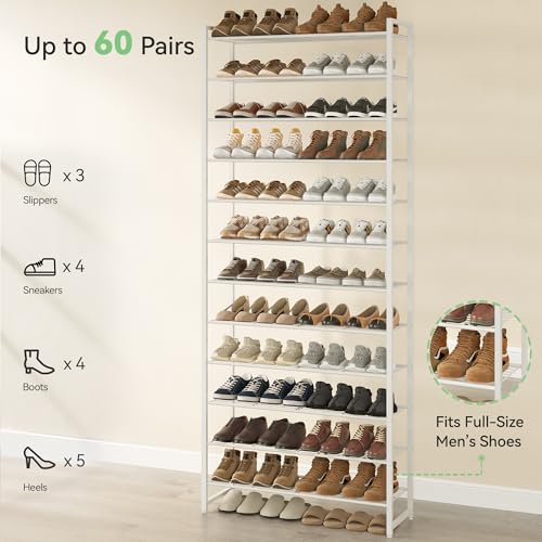 Nunsino Shoe Rack for Closet, Metal Shoe Organizer,12 Tier Garage Shoe Rack Max Holds 60 Pairs,Shoe Storage Shelf,Entryway, White - color: White, size: 12 Tier