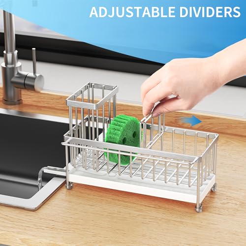 Cisily Sponge Holder for Kitchen Sink, Sink Caddy Organizer with High Brush Holder, Kitchen Countertop Organizers and Storage Essentials, Rustproof 304 Stainless Steel (Silver with Towel Rack, 9.25″) - color: Silver With Towel Rack