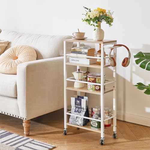 IBUYKE 7.8" Slim Rolling Cart,4 Tier Metal Kitchen Laundry Storage Cart,Industrial Narrow Utility cart,Trolley with Handle and Wooden Tabletop,for Kitchen, Living Room,Bathroom,Natural UTMJ065R - style: Natrue