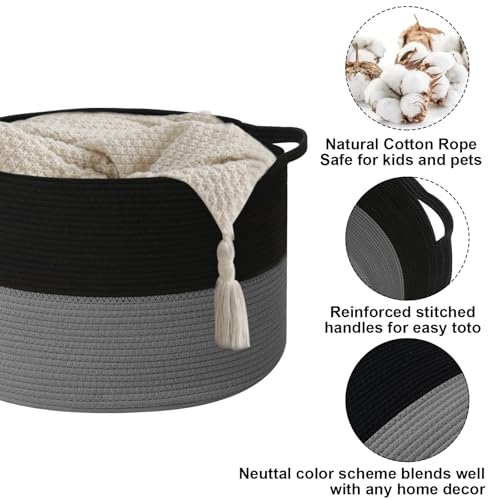 65L Large Blanket Basket,Woven Rope Laundry Basket Hamper with Handles,Decorative Nursery Basket Storage Bin for Toys, Pillows,Clothes Organizer, Living Room,Bedroom,Bathroom,Black&Dark Grey - color: Black&Dark Grey, size: 19.7"L x 19.7"W x 13"H(65L)