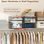 4-Tier Widened Closet Organizers and Storage, Extra Long Stackable Closet Shelf Organizer with Adjustable Dividers and Wood Top, Large Closet Storage Basket for Clothes, Jeans, Wardrobe Organization