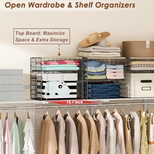 4-Tier Widened Closet Organizers and Storage, Extra Long Stackable Closet Shelf Organizer with Adjustable Dividers and Wood Top, Large Closet Storage Basket for Clothes, Jeans, Wardrobe Organization