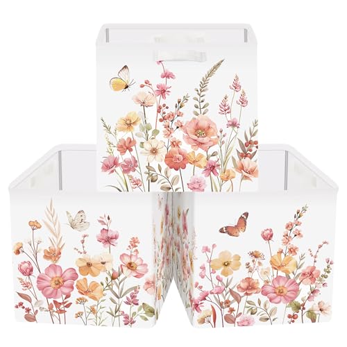 11.8" Wild Flower Storage Cube Organizer Set 3Pcs Clothes Storage Basket Bin for Closet Shelf Garden Butterfly Nursery Kid Room Book Toy Chest, Wildplants - color: Wildplants