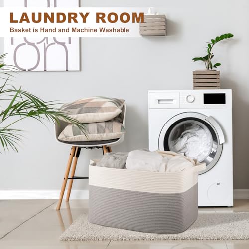Extra Large Laundry Basket, 95L Blanket Basket for Living Room, Cotton Rope Toy Storage for Kids, Woven Baskets for Clothes, Towels, Pillows, 24" x 17" x 14", Grey and White (Pack of 2) - color: Grey & White, size: 24"x16.9"x14.2" (Pack of 2)