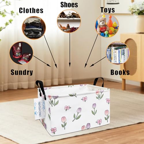 LANGYASHAN Rectangular Storage Bin Collapse Canvas Fabric Cartoon Storage Basket with Handles for Organizing Home Kitchen Boys and Girls Toys Office Closet Shelf Baskets (Rec Romantic Tulip) - color: Rec Romantic Tulip