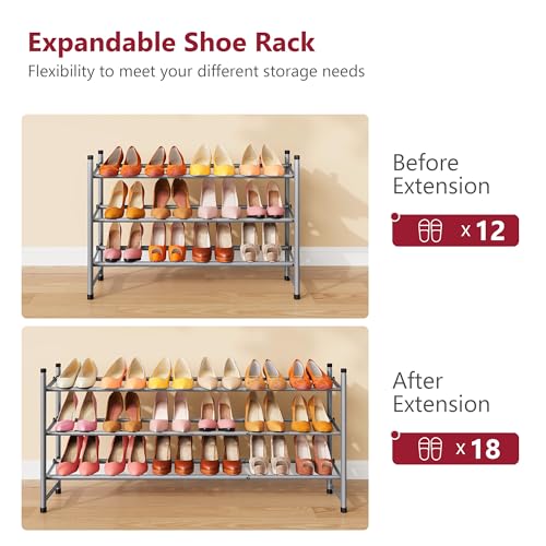 Tajsoon Expandable Shoe Rack for Closet 3 Tier, 28“-41“Adjustable & Stackable Shoe Shelf Storage, Metal Shoe Rack Organizer for Front Door Entrance, Closet, Garage, Entryway, Grey - color: Grey, size: 3 Tier