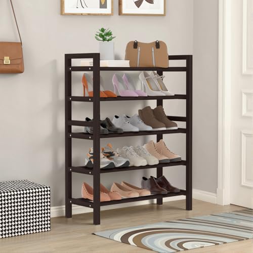 Haddockway Bamboo Shoe Rack for Closet, Free Standing Shoe Organizer with Smooth Round Rods & Convenient Handles, Stackable Shoe Storage Shelf for Entryway, Hallway(Brown, 5-Tier(Small)) - color: Brown, size: Small