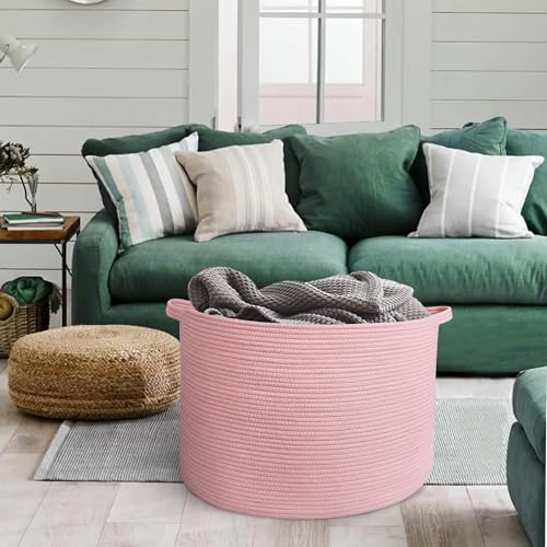 MEGASKET Extra Large Pink Basket, 22"x22"x14" Woven Cotton Rope Bin with Handles, Blanket Storage for Living Room, Baby Kids Toy Storage Bin Box, Wicker Laundry Basket, Pink Room Decor Organizing - color: Pink, size: 22"x22"x14"