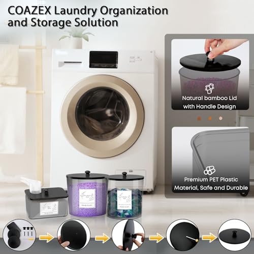 COAZEX 3 Pack Laundry Powder Container & Dryer Sheet Holder, Plastic Laundry Room Organization and Storage Jars with Lids, Labels & Scoops for Powder, Detergent, Scent Booster (Black) - color: C-Black(Black Lid)