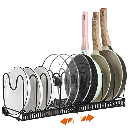 ROOHUA Pot Rack -Expandable Pan Organizer for Cabinet, Lid Holder with 10 Adjustable Compartment for Kitchen Cabinet Cookware Baking Frying Rack - color: Black