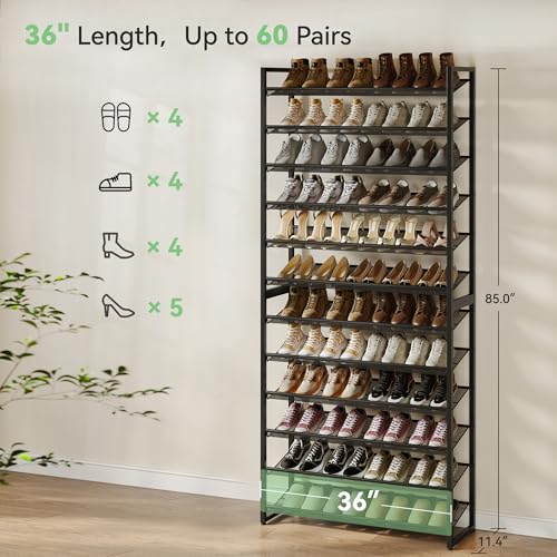 Nunsino Shoe Rack,12 Tier Metal Shoe Organizer,Max Holds 60 Pairs,Heavy Duty Shoes Shelf for Garage, Entryway, Closet,Black - color: Black, size: 12 Tier