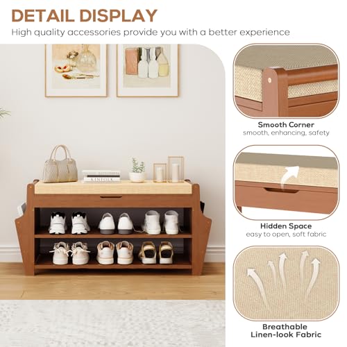 oakvivo 34.3in Shoe Bench, Bamboo 3-Tier Entryway Bench with Storage, Shoe Rack Organizer Holds Up to 330 lb, 34.3 x 11.8 x 18.9 Inches for Entryway Bedroom Closet Living Room Hallway - size: 34.3 inch