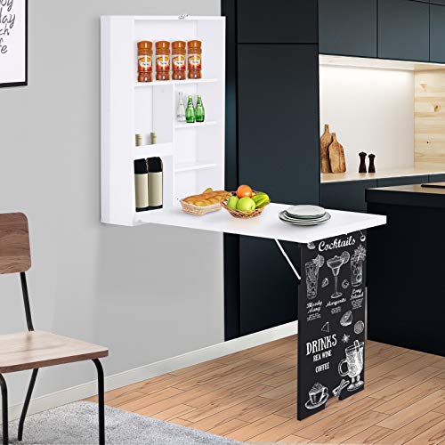 Foldable Wall Mounted Desk with Storage Shelves, Fold Out Convertible Computer Table with Blackboard, Folding Writing Table Workstation for Small Spaces,Home Office (White-a) - color: White-a