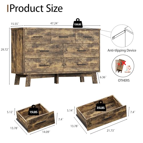 Xixini Dresser for Bedroom with 7 Drawer, Wood Modern Chest of Drawers with X-Shaped Sturdy Base, Wide Double Dresser Closet Clothes Storage Organizer, Wooden TV Stand for Living Room, Hallway, Brown - color: Brown, size: 15.6"D x 47.2"W x 29.5"H (7 Drawe