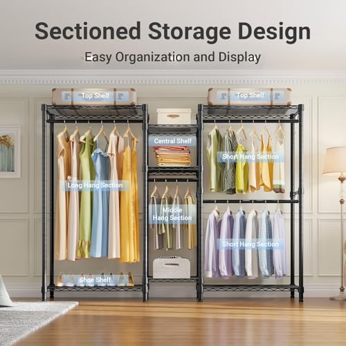 VIPEK Classic V6 Heavy Duty Clothes Rack, 7-Tier Garment Rack with Adjustable Shelves, Portable Closet Organizer with 4 Hanging Rods, Space-Saving, 850lbs Capacity, 68.9" L x 15.7" W x 76.4" H, Black - color: Black, size: Classic V6 Standard