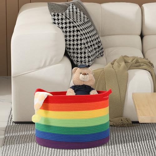 Large Blanket Basket (20"x13"),Woven Basket for Storage Dirty Clothes Basket for Laundry, Living Room, Nursery, Bedroom Rope Storage Basket for Blankets（Rainbow) - color: Rainbow