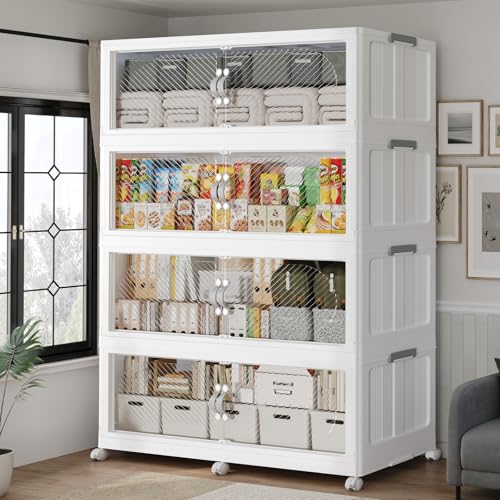 240Gal/960QT 4-Tiers Extra Large Stackable Storage Bins with Lid, Collapsible Cabinet Closet Organizer Plastic Container Box with Wheels Doors Drawers for Living Room Kitchen Office, White - size: 60Gal, style: 4Pack