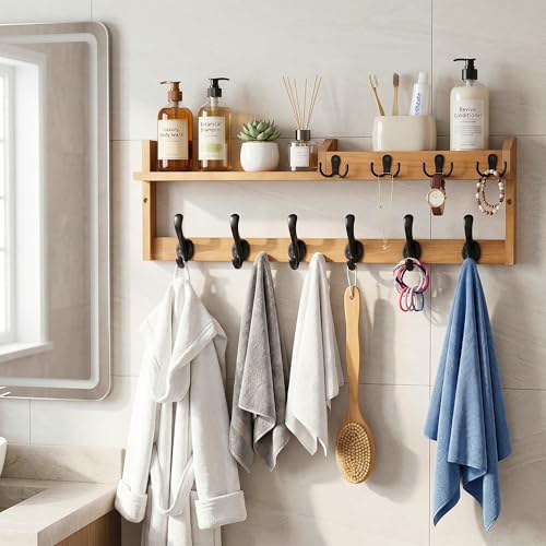 Coat Rack Wall Mount with Shelf, 27.5" Entryway Wall Hanging Shelf, Coat and Key Hanger with 10 Dual Hooks, Mail Organizer and Key Holder Hat Rack for Wall, Wood Coat Hooks with Storage - color: Brown