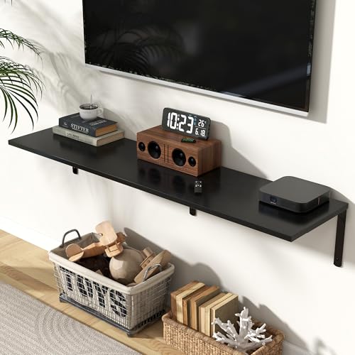 Fun Memories Floating Shelves for Wall, 12 Inch Deep Floating Shelves Set of 2, Wall Mounted Shelf with Metal Brackets, Rustic Wood Wide Shelf for Bathroom, Kitchen and Living Room, Black, 55W x 12D - color: Black- L Bracket, size: 55"W x 12"D