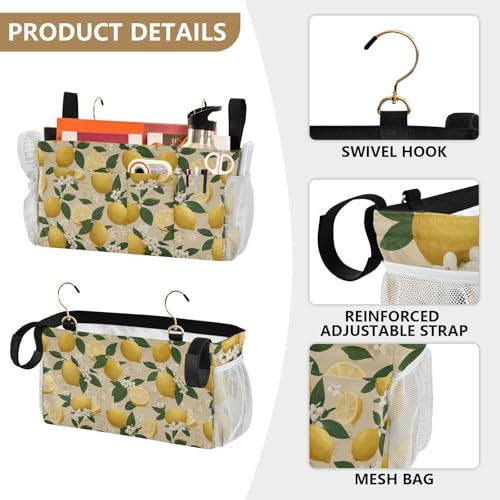 Bedside Caddy Hanging Bunk Bed Caddy Bed Organizer Hanging Pocket with 2 Hooks Bedside Storage Organizer Pocket Bag Holder Beige Lemons and Flowers - color: Beige Lemons and Flowers