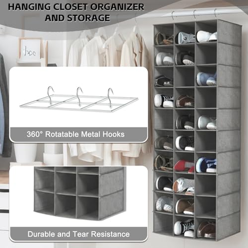 coastal rose Hanging Shoe Organizer for Closet, 30 Sections Hanging Closet Organizers and Storage Shelves Space Saving Shoe Rack Holder Hanger, Grey, 17''W×11.5''Dx 48''H - color: Grey