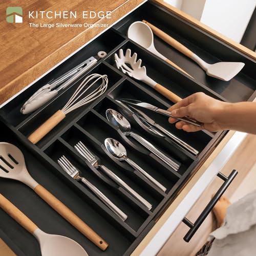 KitchenEdge Premium Silverware, Flatware and Utensil Organizer for Kitchen Drawers, Food-Safe Contract Grade, Expandable from 16 to 28 In, Black Bamboo - color: Black Bamboo, size: From 16" to 28" wide