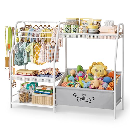 Large Dog Toy Basket with Dog Storage Organizer, Trapezoid Dogs Toy Bin Box with Collar Leash Holder Hook, Toy Holder Chest Pet Storage Cabinet for Living Room, Dogs Essentials for Pet Lovers Gift - color: White