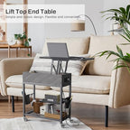 Colima Lift Top End Table with Charging Station and Wheels, Sofa Side Table with USB Port & AC Outlets, Movable Bedside Nightstand with Side Bag for Office Living Room Bedroom(Gray) - color: Grey