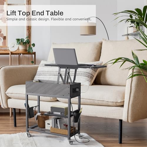 Colima Lift Top End Table with Charging Station and Wheels, Sofa Side Table with USB Port & AC Outlets, Movable Bedside Nightstand with Side Bag for Office Living Room Bedroom(Gray) - color: Grey
