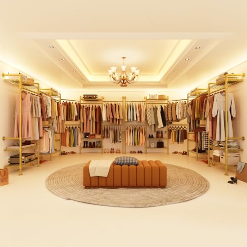 H6 Wall Mounted Closet System, Industrial Pipe Clothes Rack Clothing Racks with 6 Telescopic Rods & 3 Fixing Rods & 9 Shelves, Heavy Duty Closet Organizers and Storage in Wardrobe Closet (Gold) - color: Gold