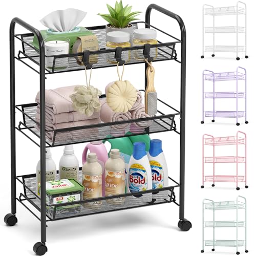 TOOLF 3-Tier Metal Rolling Cart, Mesh Wire Easy Assemble Utility Cart, Storage Trolley on Wheels with 3 Hooks, MetalStorage Shelving Units for Kitchen Bathroom Laundry Room - color: Black, size: 3-Tier