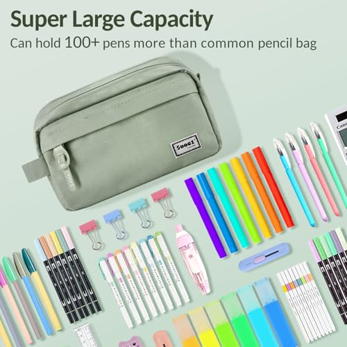 Sooez Original High Capacity Pencil Case, Big Pencil Bag Pouch Box Organizer Pen Case, Aesthetic Supply for Girls Adults, Portable Journaling Supplies with Easy Grip Handle & Loop, Olive Green - color: Olive green