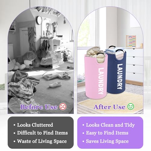 2Pcs Folding Laundry Basket for Adult, 95L Portable Laundry Baskets with Aluminum Handles, Multi-functional Dirty Clothes Hampers for Bedroom, Travel, Navy Blue + Pink - color: Navy Blue + Pink, size: L-95L
