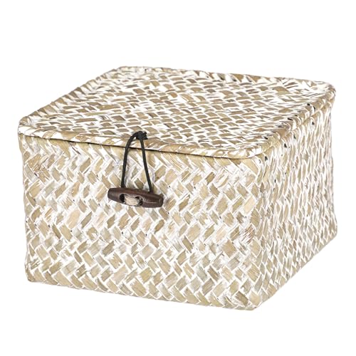 Hipiwe Wicker Shelf Baskets with Lid Handwoven Seagrass Storage Box Decorative Basket Bin Household Organizer Bin for Shelf Bathroom Coffee Table Decor Organizer, X-small - color: Whitewash color, size: X-small