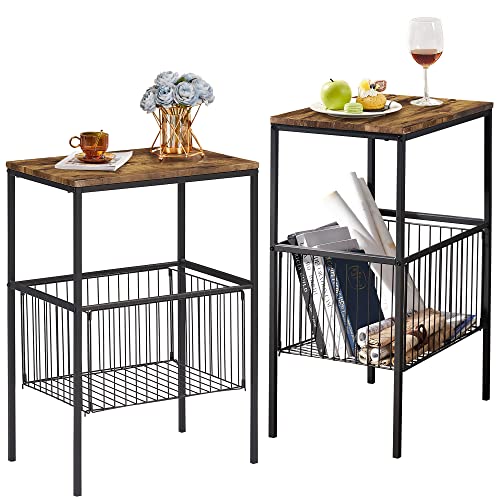 VECELO 2 Sets Tall End Table with Metal Basket,Nightstand with Shelf Storage Organizer, Wood Night Stand with Metal Frame, Waterproof for Bedroom, Living Room, Bathroom - color: Classic Brown(basket), size: Set of 2