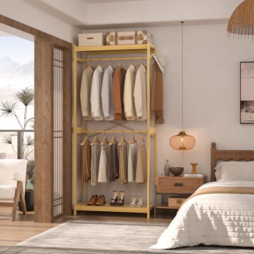 Homykic Bamboo Clothes Rack with Shelves and Double Hang Rods, Portable Closet System Garment Rack for Hanging Clothes, Tall Clothing Rack Corner Closet Organizer, Easy to Built, Natural - color: Natural, size: Standard