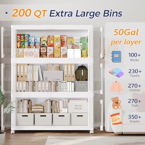250GAL Large Stackable Storage Bins with Lid and Wheels, 1000Qt Collapsible Organizer Cabinet with Clear Door, for Closet, Bedroom, Kitchen, Garage, 5-Pack White - style: 5 Pack